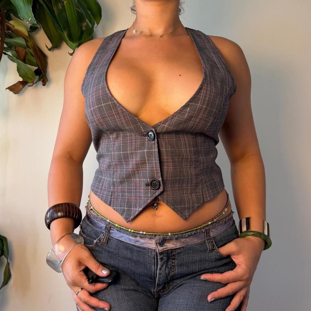 Styles Vintage Y2K Grey Plaid Halter Open Back Vest Made in USA Size L